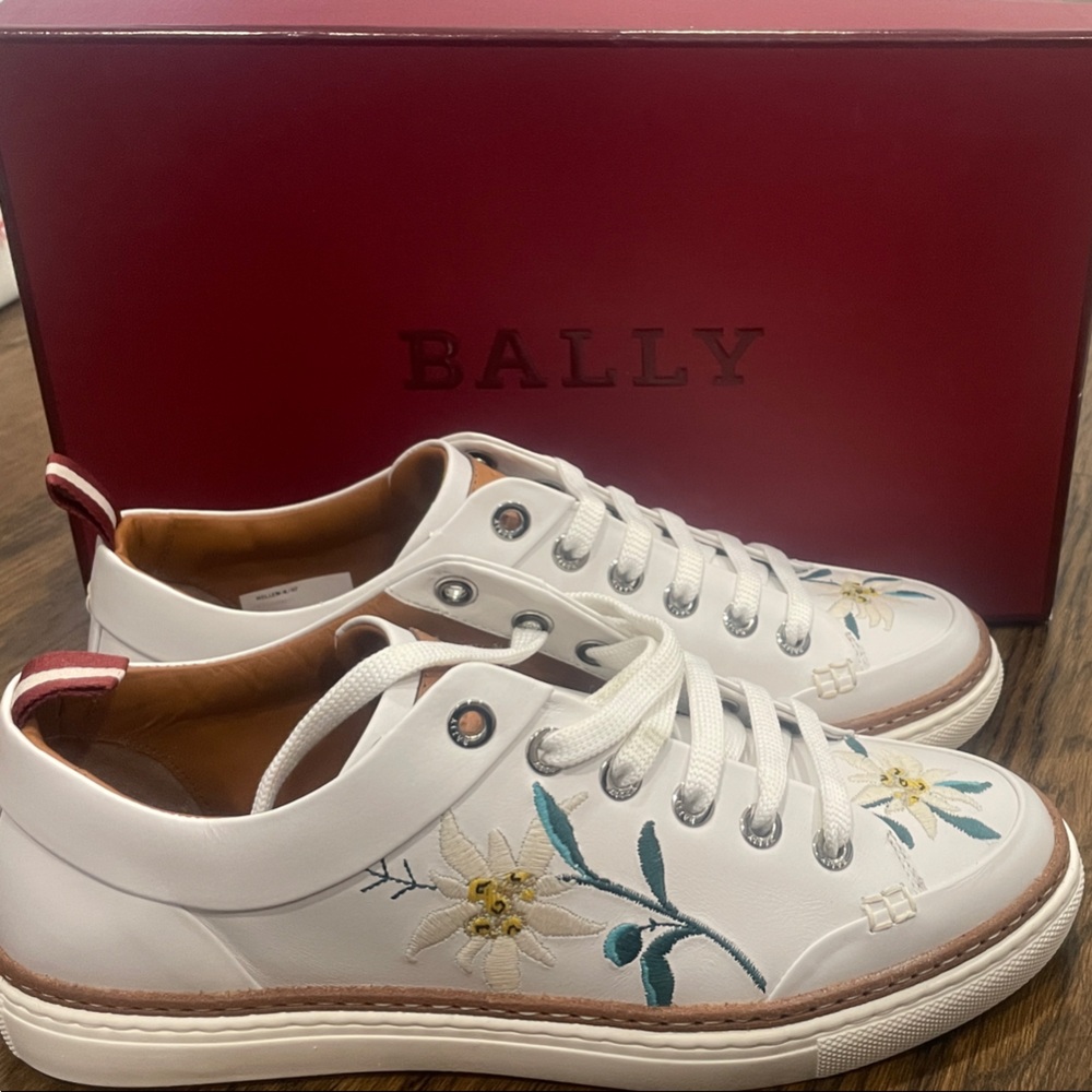 Bally White Floral Embroidered Sneakers